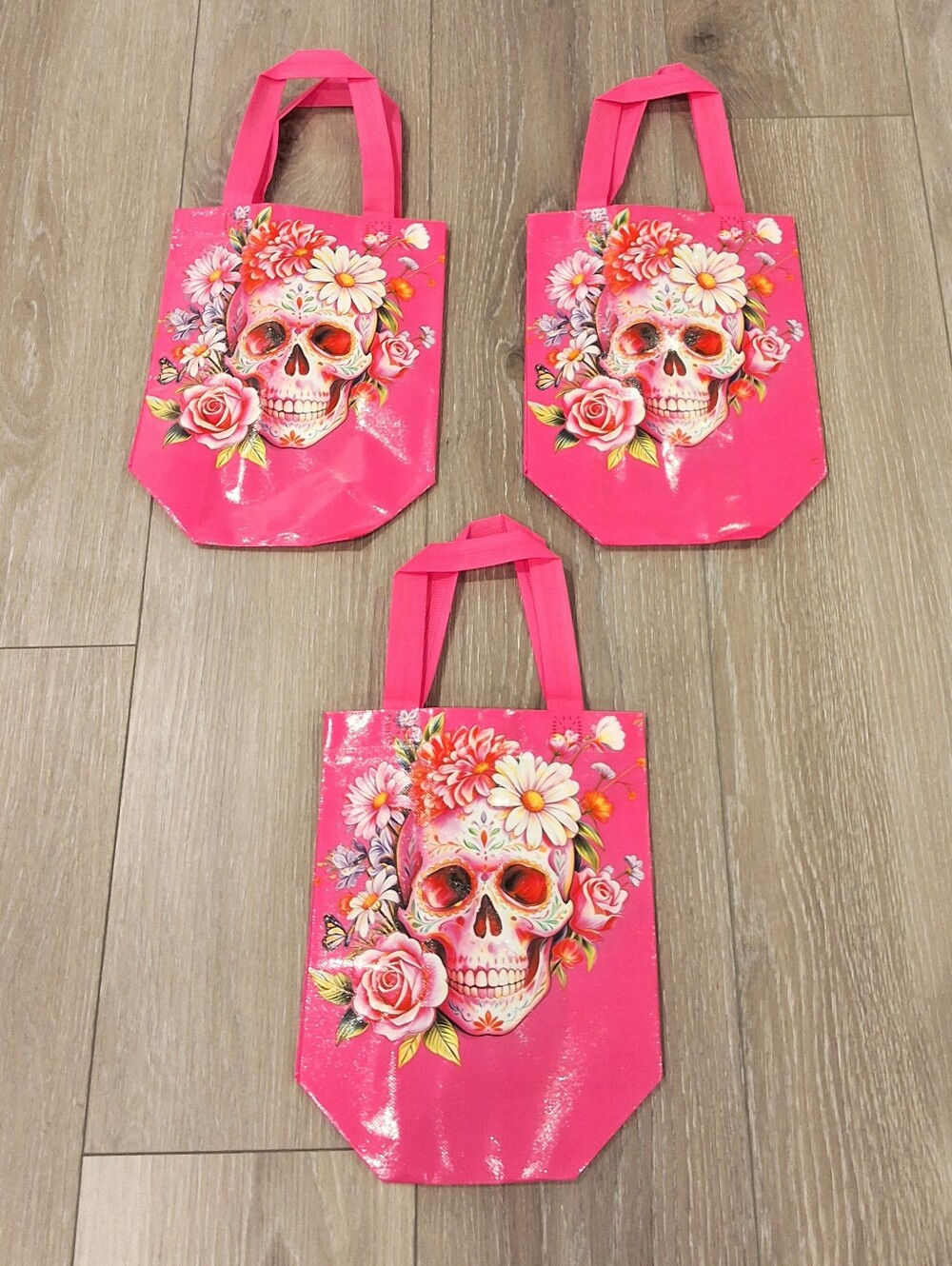 Set Of 3 Pink Sugar Skull Double Sided Mini Reusable Tote Bags, NEW